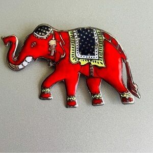 Vintage Thailand Red Enamel on Sterling Elephant Trunk Up Thai Pin Brooch